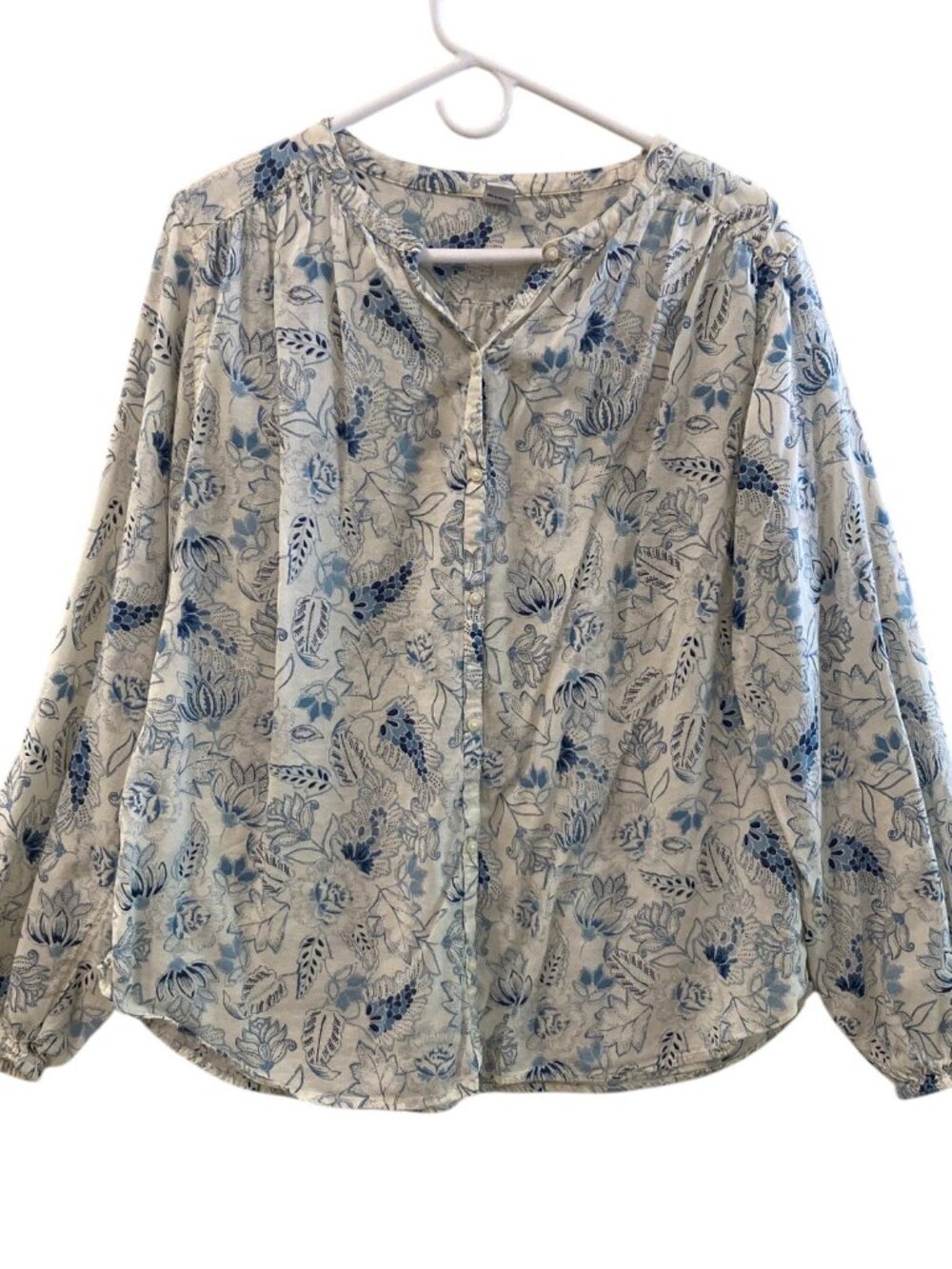 Women's OLD NAVY Flowy Button-Up Long-Sleeve Blouse BLUE FLORAL Medium Tall